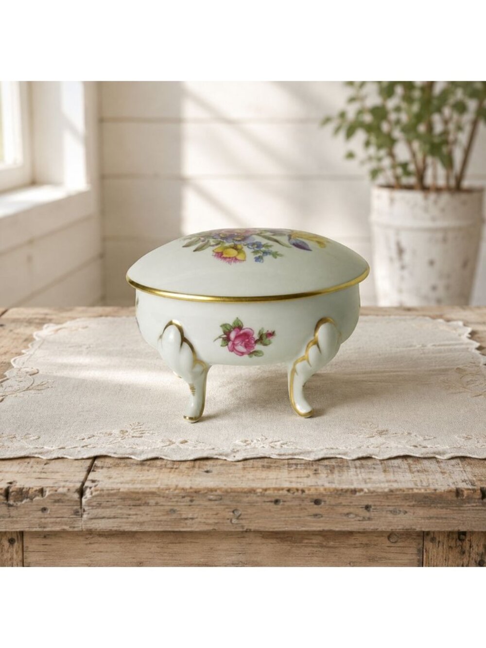 Vintage Graf Von Henneberg Porcelain Footed Trinket Box Floral Germany 4.2"
